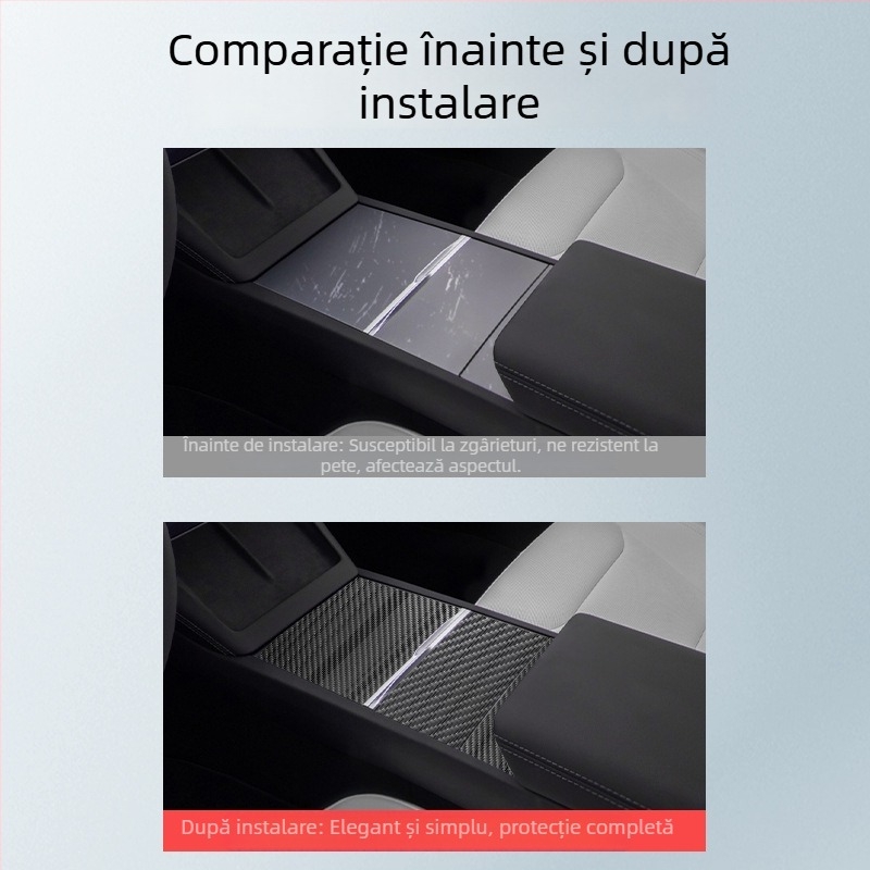 Decorațiune interioară auto: Plăci din fibră de carbon pentru consola centrală Tesla Model 3, set de trei bucăți, autocolant cu adeziv