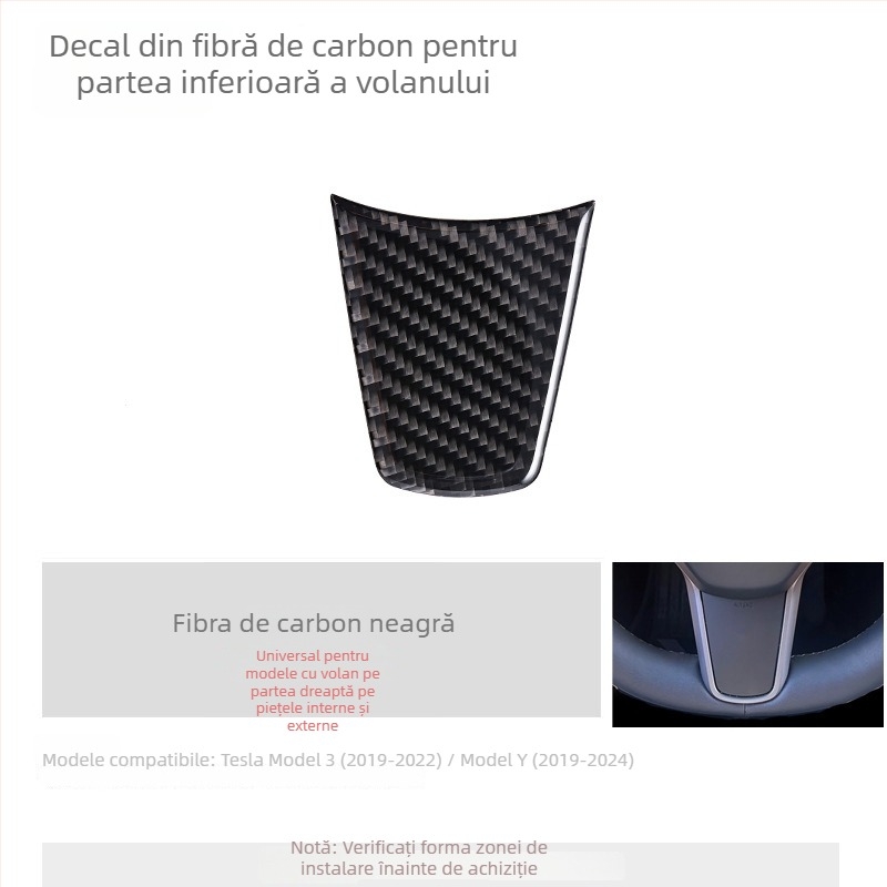 Volan Tesla Model Y/3 – autocolant decorativ din fibră de carbon, model geometric, instalare magnetică