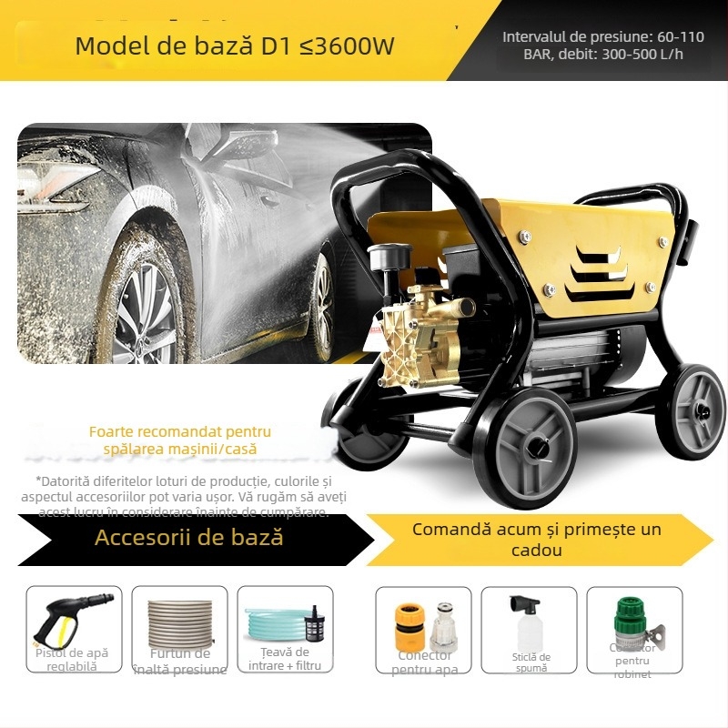 Spălător de înaltă presiune pentru uz casnic, 2200 W, 220 V, presiune maximă 130 bar, debit 9 L/min, greutate 14 kg