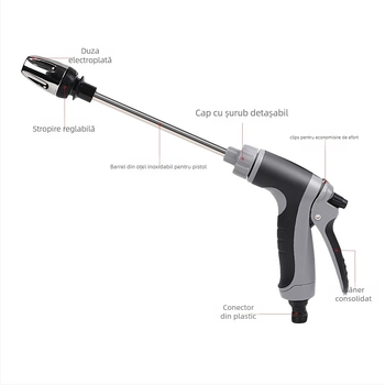 Pistol de apă telescopic pentru spălarea mașinii și udarea grădinii; duză din metal; construcție metal+ABS; mâner din plastic; rază jet 5–10 m