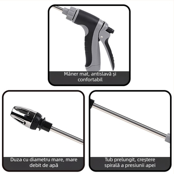 Pistol de apă telescopic pentru spălarea mașinii și udarea grădinii; duză din metal; construcție metal+ABS; mâner din plastic; rază jet 5–10 m