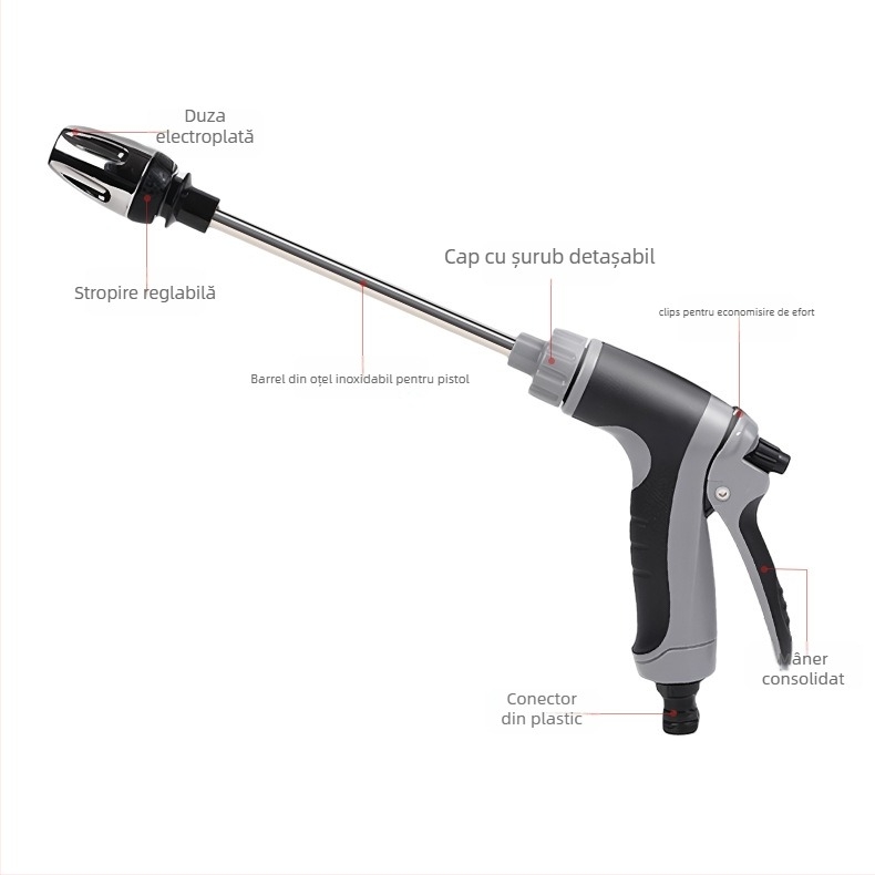 Pistol de apă telescopic pentru spălarea mașinii și udarea grădinii; duză din metal; construcție metal+ABS; mâner din plastic; rază jet 5–10 m