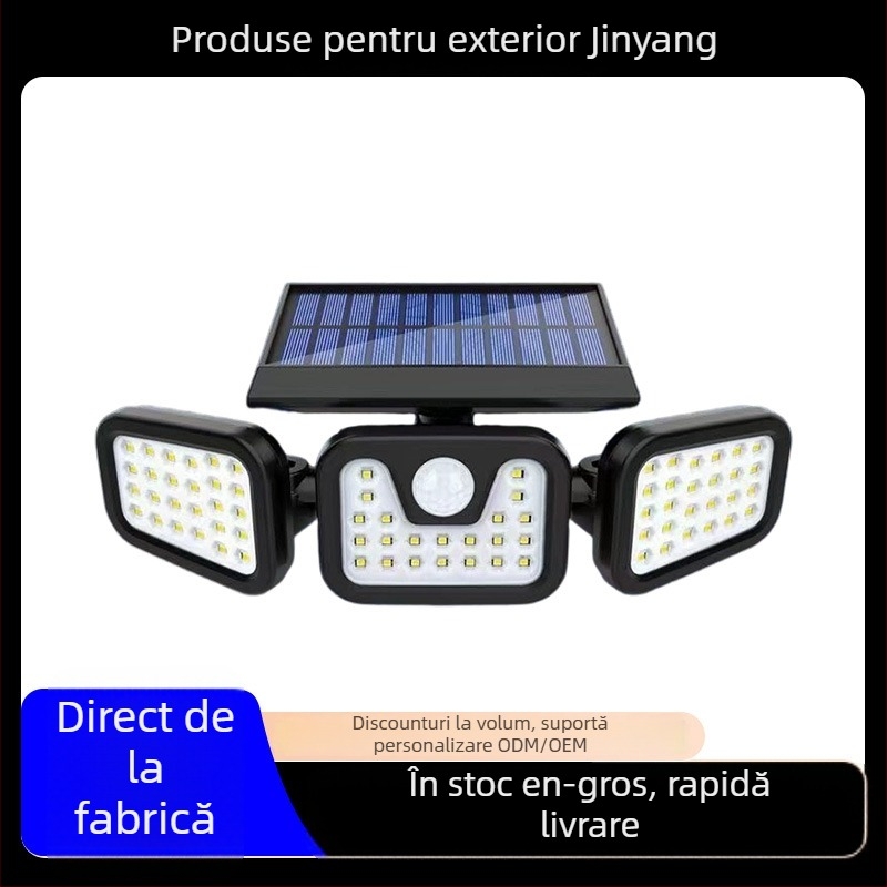 Lumină solară de perete cu trei brațe pentru exterior, impermeabilă, senzor de mișcare, LED cu capete rotative