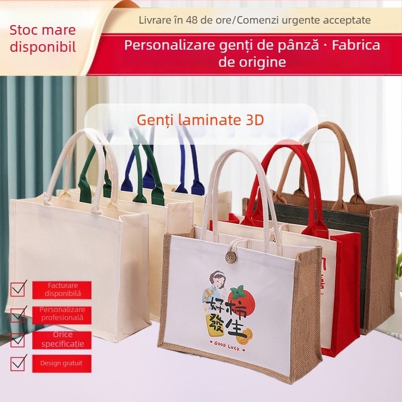 Geantă Tote din pânză și iută, logo imprimat UV, design personalizabil