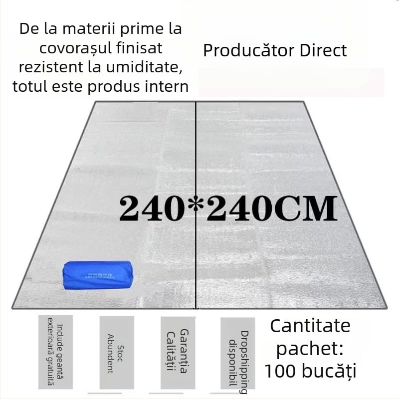 Saltea din folie de aluminiu, 240×240 cm, cu două fețe, împotriva umezelii, pentru picnic, plajă și camping