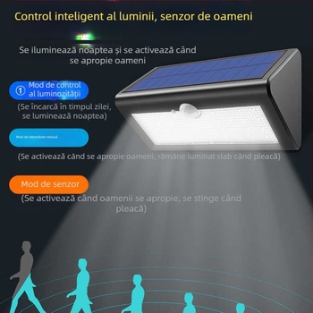Lumină solară de exterior pentru grădină cu senzor de mișcare, IP66 rezistentă la apă, 5000 lm, 6000K, LED pentru perete 100-300W