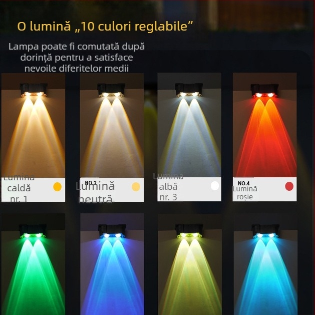 Lampa solară de perete pentru exterior — Proiector tip wall washer pentru curte/grădină, IP65, 4000–6000K, ≤36V, iluminare continuă 6–12h, stil postmodern
