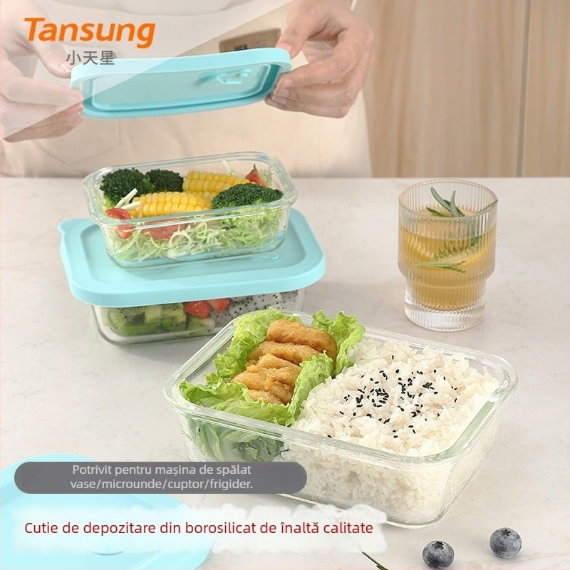Cutie de prânz din sticlă borosilicată, dreptunghiulară, compatibilă cu cuptorul cu microunde, menține temperatura, 800-1000 ml