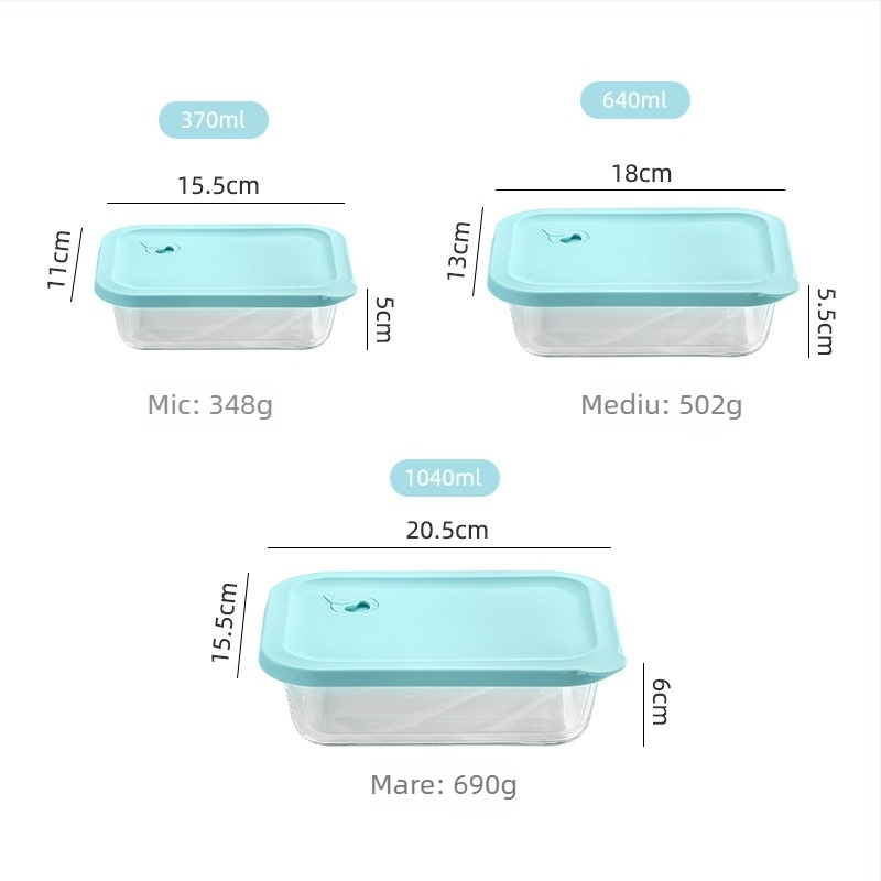 Cutie de prânz din sticlă borosilicată, dreptunghiulară, compatibilă cu cuptorul cu microunde, menține temperatura, 800-1000 ml