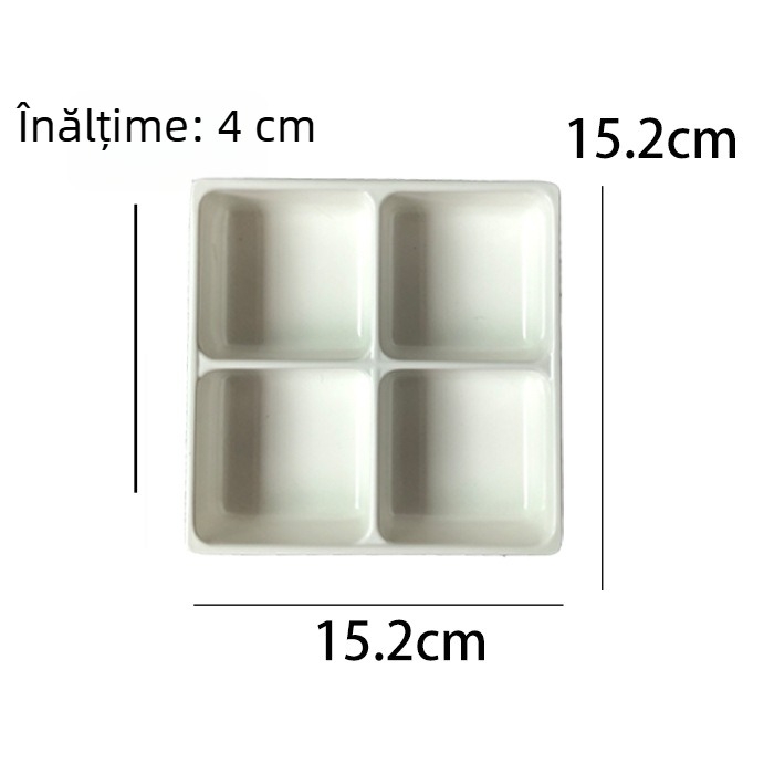 Farfurie compartimentată din melamină, patru compartimente, formă pătrată, stil modern minimalist; potrivită pentru hoteluri, mese, cafea și ceai.