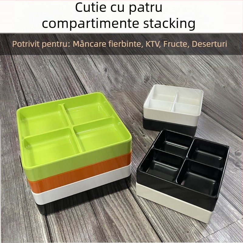Farfurie compartimentată din melamină, patru compartimente, formă pătrată, stil modern minimalist; potrivită pentru hoteluri, mese, cafea și ceai.