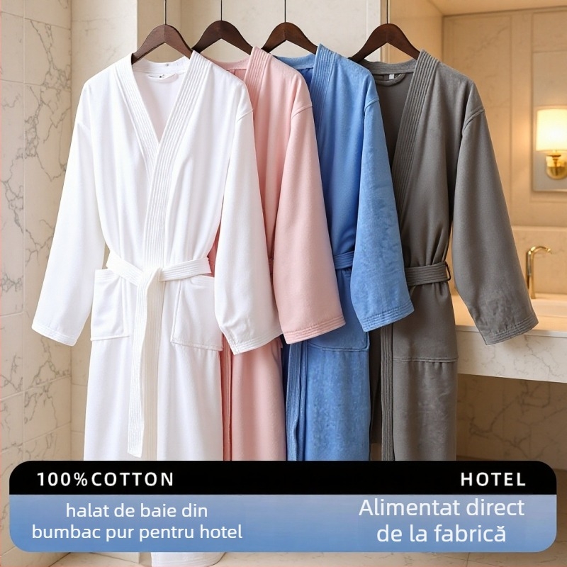 Halat de baie – 100% bumbac, greutate 1000 g, fir simplu, guler din catifea, imprimare logo disponibilă, unisex, destinat hotelurilor