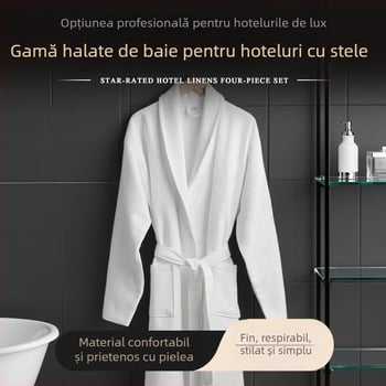 Halat de hotel din bumbac, lung, cu textură waffle și buzunar, 1200 g, cusătură finalizată, imprimare siglă disponibilă