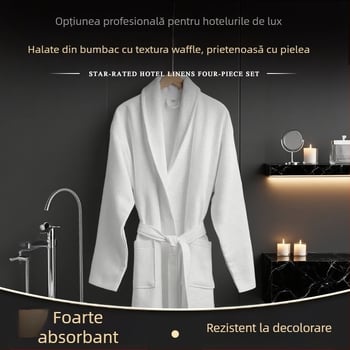 Halat de hotel din bumbac, lung, cu textură waffle și buzunar, 1200 g, cusătură finalizată, imprimare siglă disponibilă