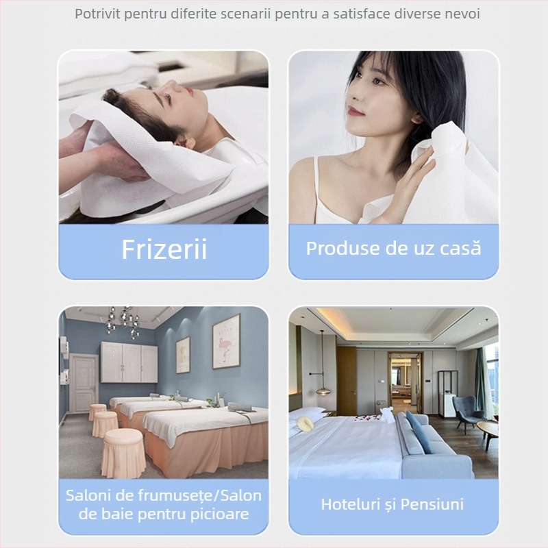 Prosop de păr de unică folosință cu turban pentru salon | Material: fibre de viscoză; Absorbție: 0–5 s; Conținut pachet: 10 prosoape pentru păr, 3 prosoape de baie, 1 șervet pentru picioare