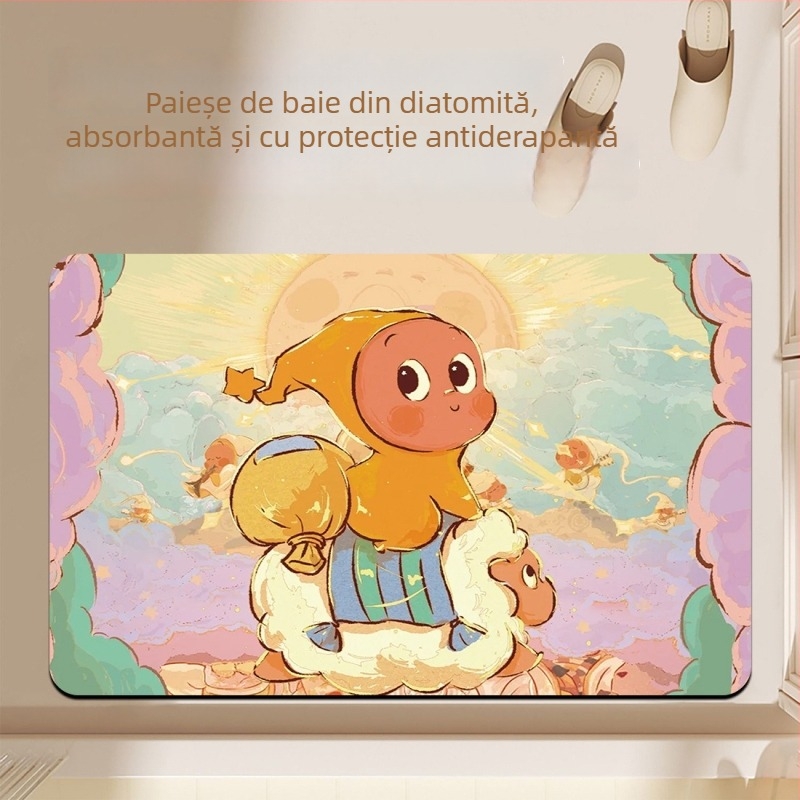 Covoraș de baie din diatomit, pătrat, stil cartoon, absorbant la apă, anti-derapare, lavabil, personalizabil
