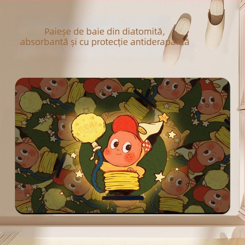 Covoraș de baie din diatomit, pătrat, stil cartoon, absorbant la apă, anti-derapare, lavabil, personalizabil