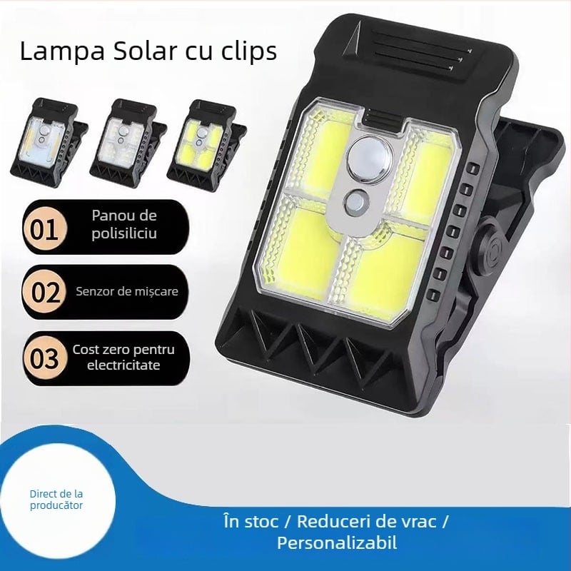 Lampă clip solară cu iluminare inductivă pentru exterior, Model YD, 5W, 3.7V, IPX-4, lumină caldă