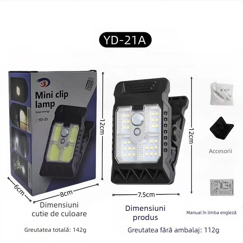 Lampă clip solară cu iluminare inductivă pentru exterior, Model YD, 5W, 3.7V, IPX-4, lumină caldă