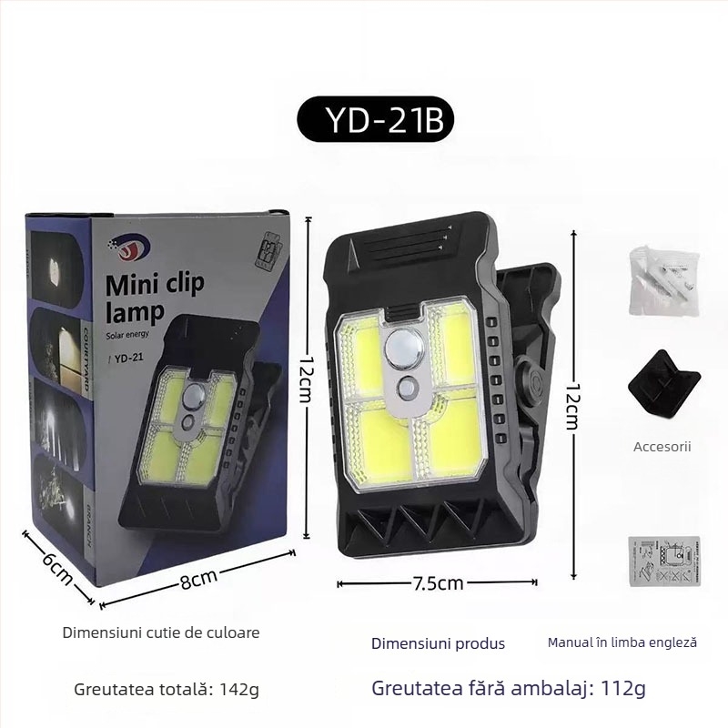 Lampă clip solară cu iluminare inductivă pentru exterior, Model YD, 5W, 3.7V, IPX-4, lumină caldă