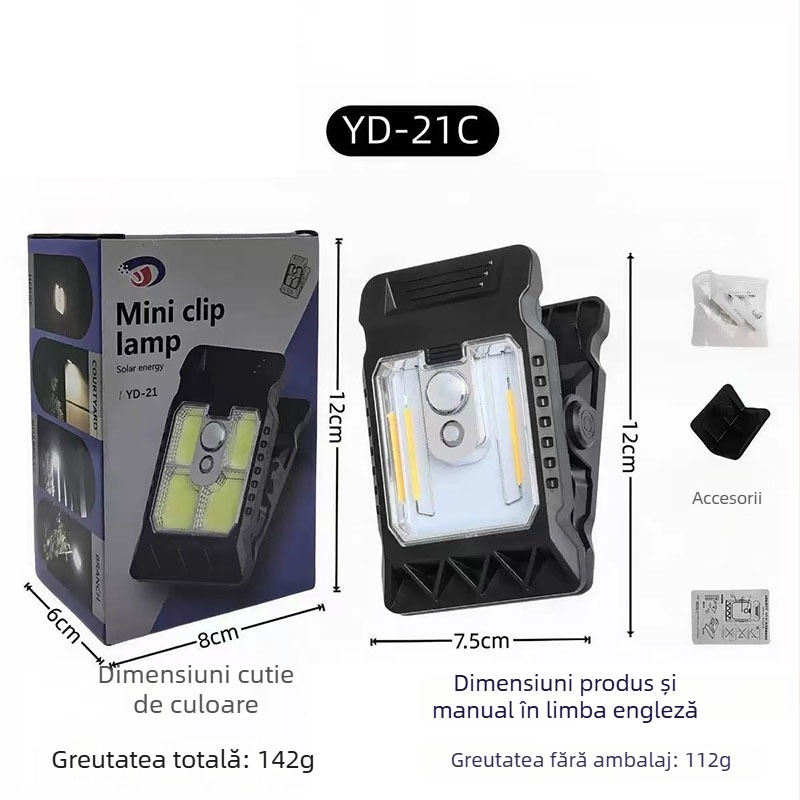 Lampă clip solară cu iluminare inductivă pentru exterior, Model YD, 5W, 3.7V, IPX-4, lumină caldă
