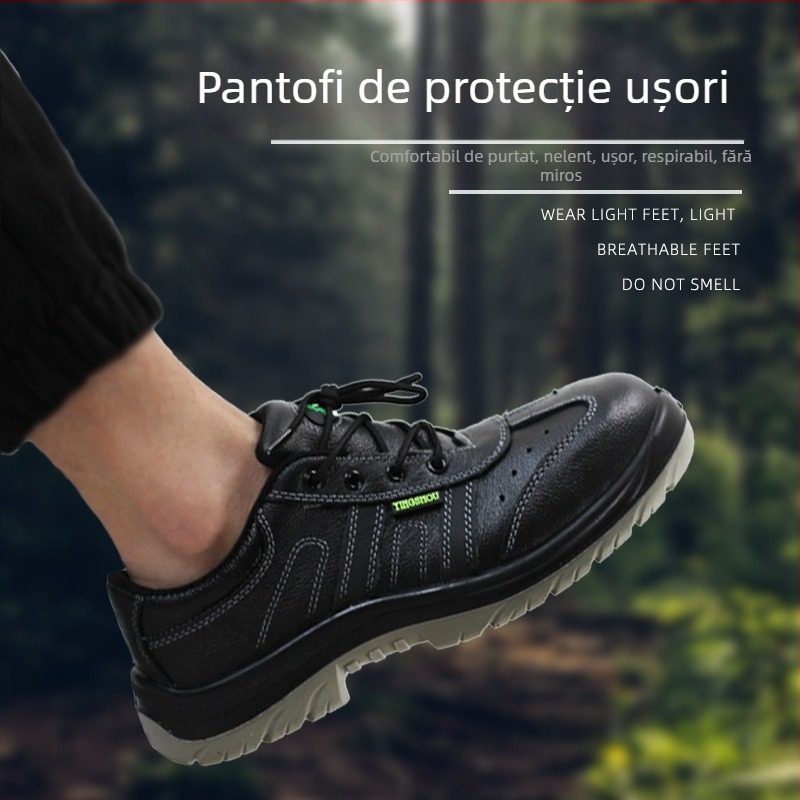 Încălțăminte de protecție pentru lucru: anti-șoc și anti-înțepare, piele emboss cu talpă PU, vârf din oțel, croială joasă, izolație electrică