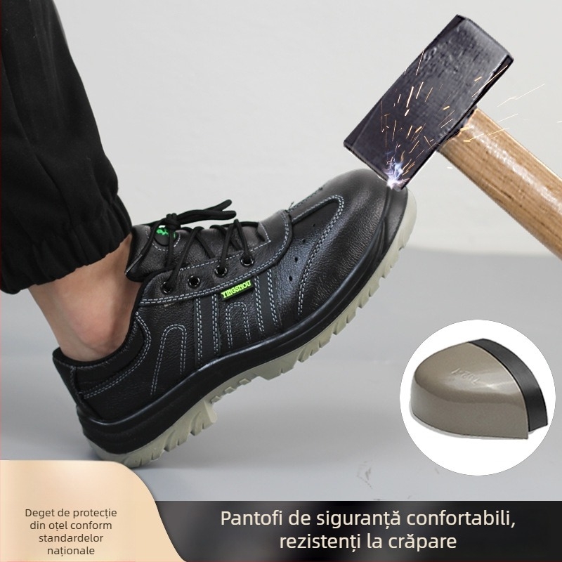 Încălțăminte de protecție pentru lucru: anti-șoc și anti-înțepare, piele emboss cu talpă PU, vârf din oțel, croială joasă, izolație electrică