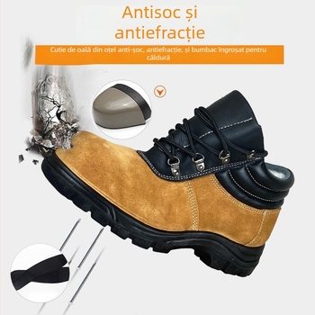 Pantofi de protecție din piele cu vârf din oțel și talpă din oțel, izolați, antistatice, protecție anti-șoc și anti-perforație