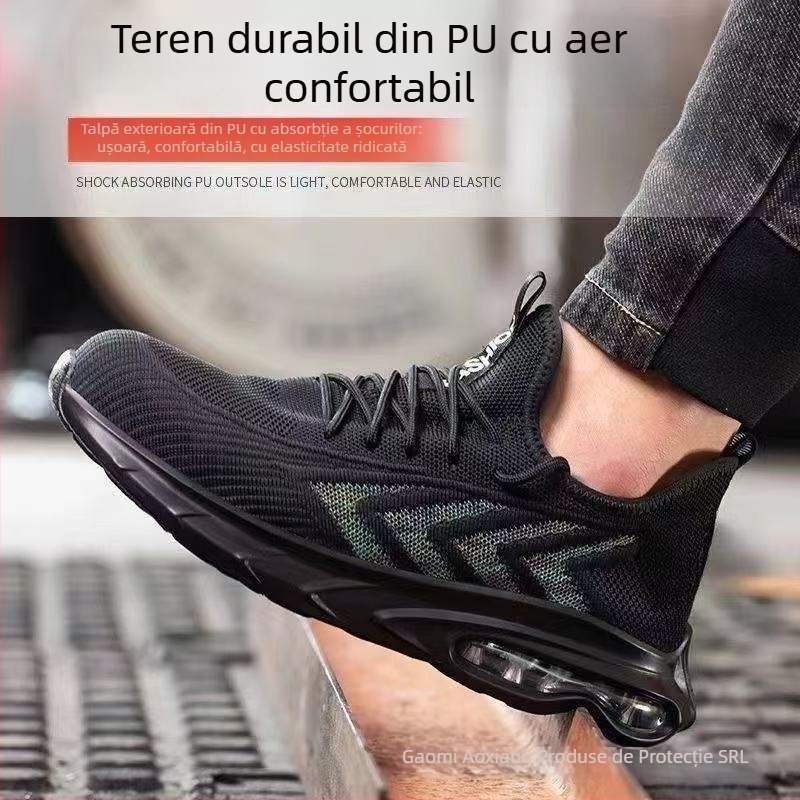 Pantofi de lucru de vară, partea superioară din Flyknit respirantă, vârf din oțel, anti-șoc și anti-perforație, ușori, rezistenți la uzură