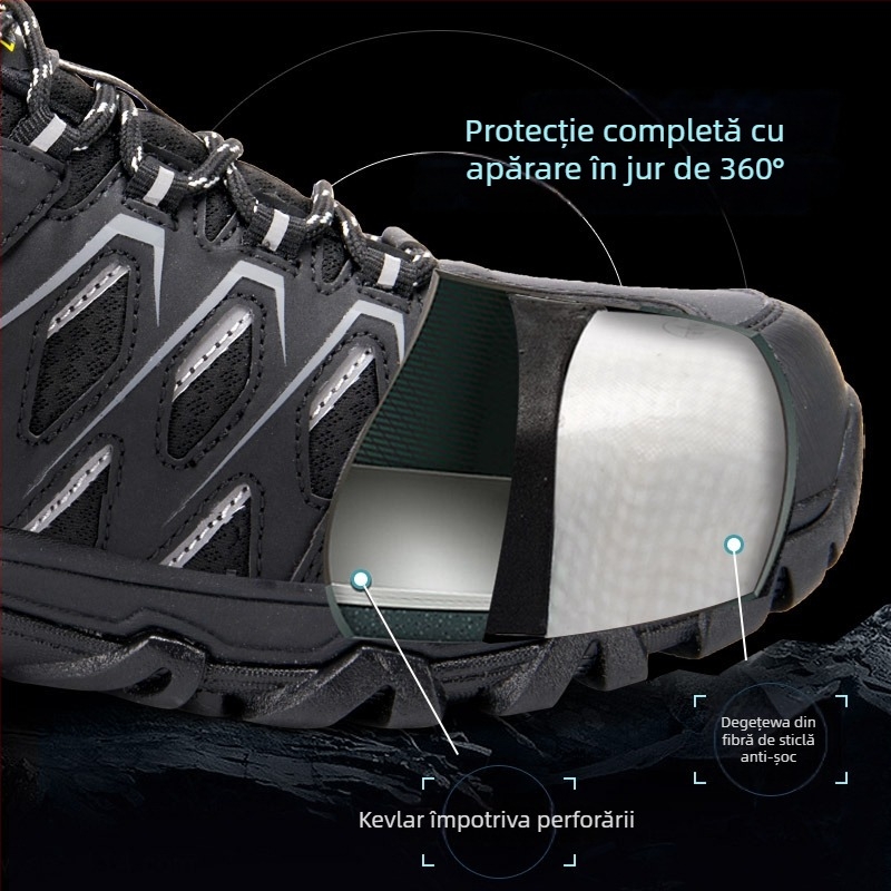 Pantofi de protecție pentru toate anotimpurile, cu vârf din fibră de sticlă, protecție la perforare Kevlar, anti-odor, ușori, izolați, partea superioară din plasă și piele sintetică
