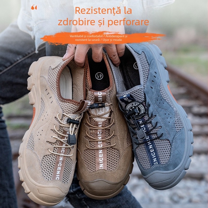 Pantofi de protecție de vară, respirabili, cu protecție anti-penetrare și anti-șoc, velur și plasă, vârf din oțel, profil jos