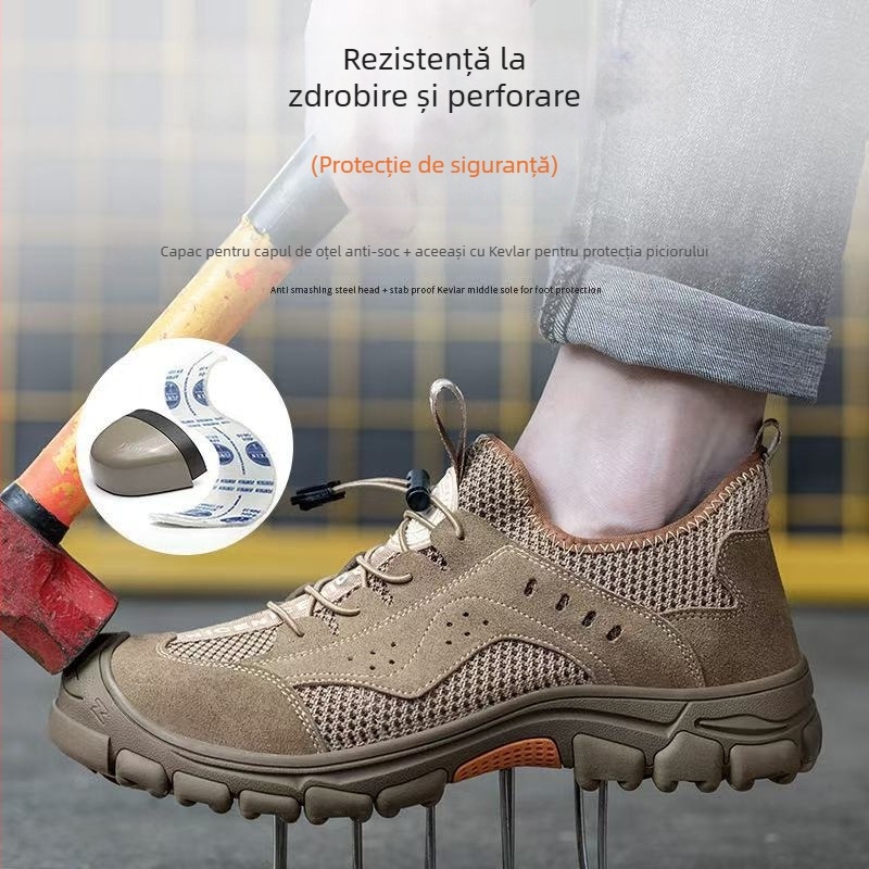 Pantofi de protecție de vară, respirabili, cu protecție anti-penetrare și anti-șoc, velur și plasă, vârf din oțel, profil jos
