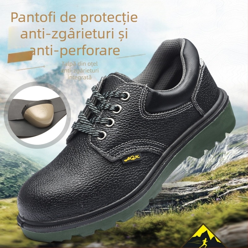Pantofi de protecție cu vârf metalic, anti-șoc și anti-perforație, piele de vită, talpă solidă, pentru construcții și industrie.