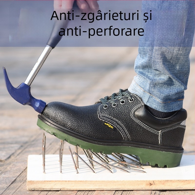 Pantofi de protecție cu vârf metalic, anti-șoc și anti-perforație, piele de vită, talpă solidă, pentru construcții și industrie.