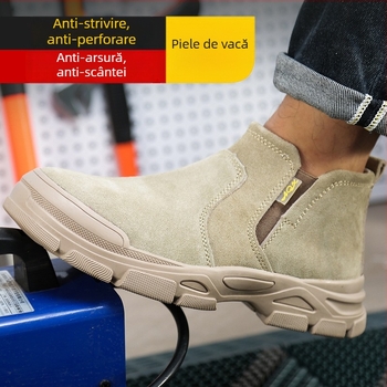 Pantofi de protecție pentru muncă, cu vârf din oțel, rezistenți la zdrobire și perforare, ușori, fără șireturi, din piele de vițel pentru sudură