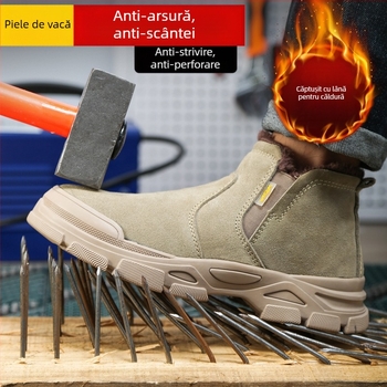 Pantofi de protecție pentru muncă, cu vârf din oțel, rezistenți la zdrobire și perforare, ușori, fără șireturi, din piele de vițel pentru sudură