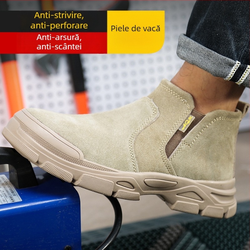 Pantofi de protecție pentru muncă, cu vârf din oțel, rezistenți la zdrobire și perforare, ușori, fără șireturi, din piele de vițel pentru sudură