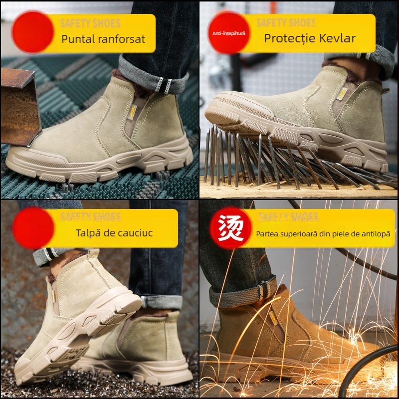 Pantofi de protecție pentru muncă, cu vârf din oțel, rezistenți la zdrobire și perforare, ușori, fără șireturi, din piele de vițel pentru sudură