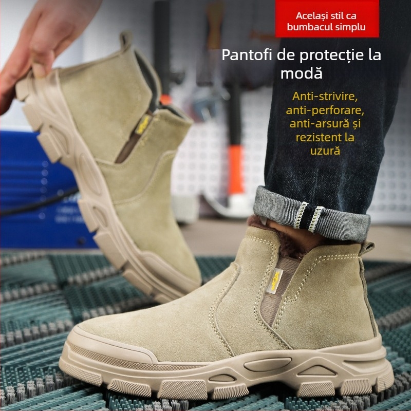 Pantofi de protecție pentru muncă, cu vârf din oțel, rezistenți la zdrobire și perforare, ușori, fără șireturi, din piele de vițel pentru sudură