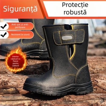 Bocanci de protecție cu căptușeală de lână, piele cu granură lychee, înălțime înaltă, protecție împotriva lovirii și perforării