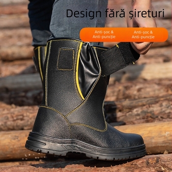 Bocanci de protecție cu căptușeală de lână, piele cu granură lychee, înălțime înaltă, protecție împotriva lovirii și perforării
