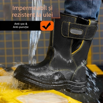 Bocanci de protecție cu căptușeală de lână, piele cu granură lychee, înălțime înaltă, protecție împotriva lovirii și perforării