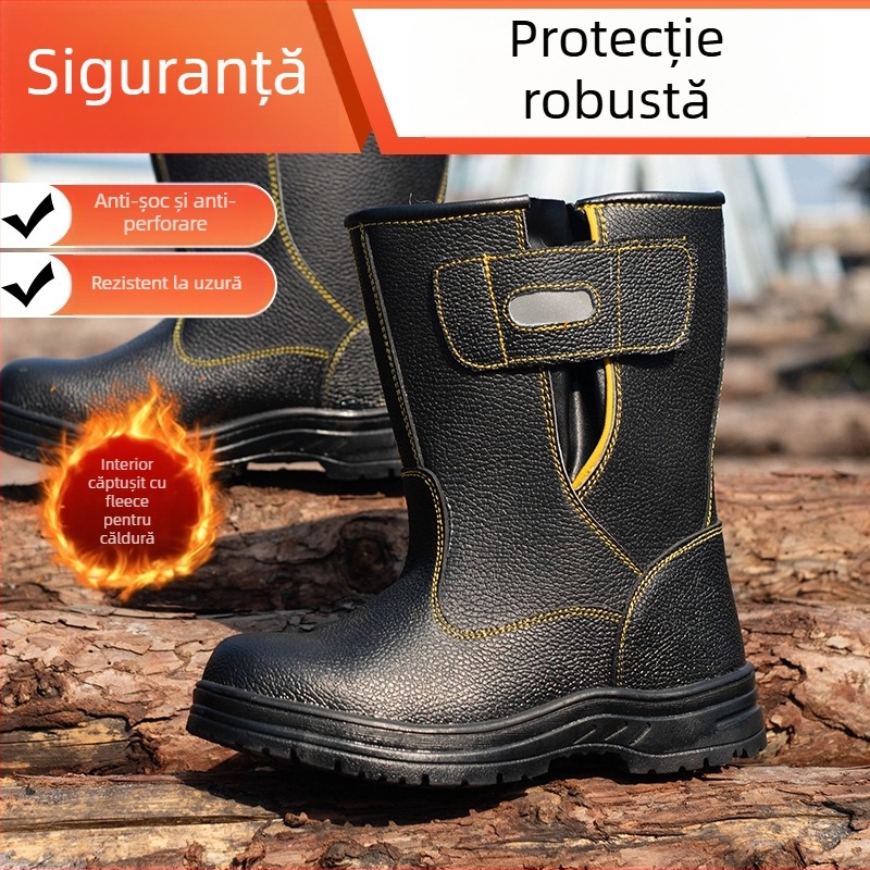 Bocanci de protecție cu căptușeală de lână, piele cu granură lychee, înălțime înaltă, protecție împotriva lovirii și perforării
