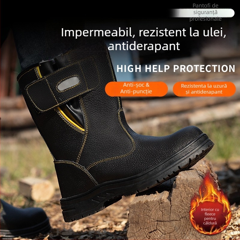 Bocanci de protecție cu căptușeală de lână, piele cu granură lychee, înălțime înaltă, protecție împotriva lovirii și perforării
