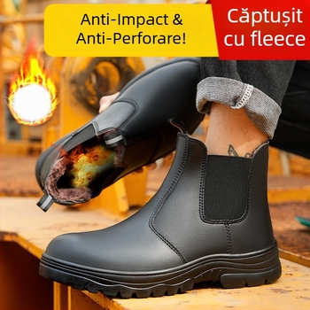 Ghete de protecție de iarnă pentru bărbați, căptușite cu fleece, vârf din oțel, impermeabile, rezistente la abraziune pentru șantier