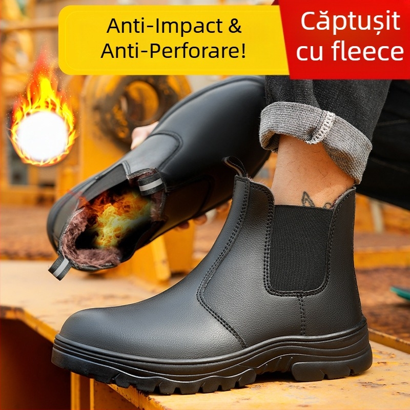 Ghete de protecție de iarnă pentru bărbați, căptușite cu fleece, vârf din oțel, impermeabile, rezistente la abraziune pentru șantier