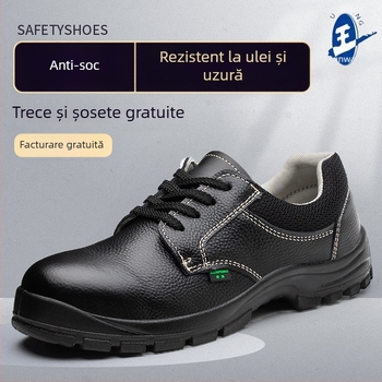 Pantofi de protecție pentru muncă pentru bărbați: antișoc, anti-derapare, rezistenți la uzură, rezistenți la ulei; partea superioară joasă, din piele de vițel cu relief, anti-perforație