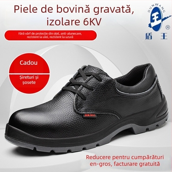 Pantofi de protecție pentru muncă pentru bărbați: antișoc, anti-derapare, rezistenți la uzură, rezistenți la ulei; partea superioară joasă, din piele de vițel cu relief, anti-perforație