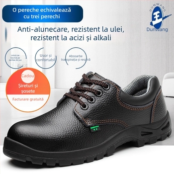 Pantofi de protecție pentru muncă pentru bărbați: antișoc, anti-derapare, rezistenți la uzură, rezistenți la ulei; partea superioară joasă, din piele de vițel cu relief, anti-perforație