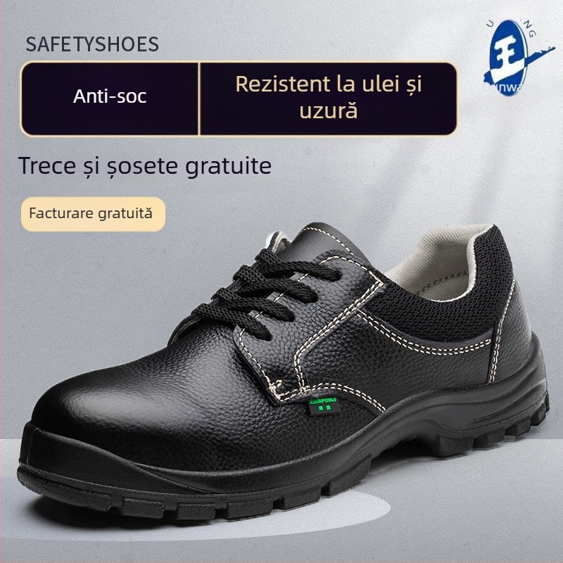 Pantofi de protecție pentru muncă pentru bărbați: antișoc, anti-derapare, rezistenți la uzură, rezistenți la ulei; partea superioară joasă, din piele de vițel cu relief, anti-perforație